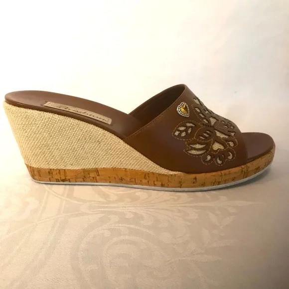 Brighton Moira Caramel Calf Leather with Natural Linen Wedge Sandals 7 1/2 Med - Picture 3 of 12